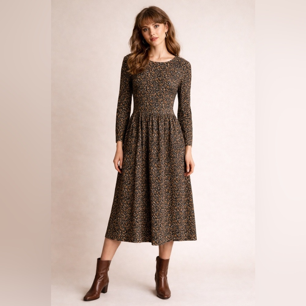 Long Sleeve Midi Dress in Brown Floral